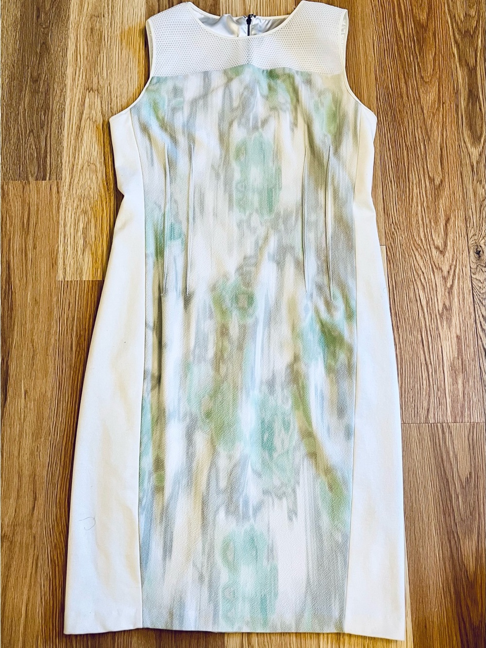 Oasis White Midi Dress with Mint & Gray Watercolor Panel